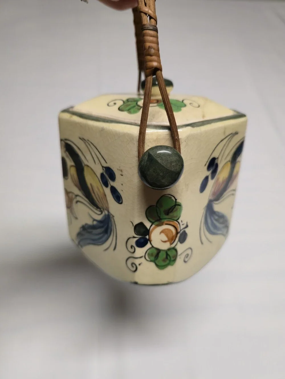 Vintage Japanese Ceramic Hexagonal Tea/Biscuit Canister with Woven Handle